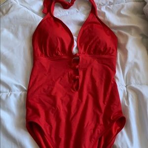 red one piece ralph lauren cut out swim suit